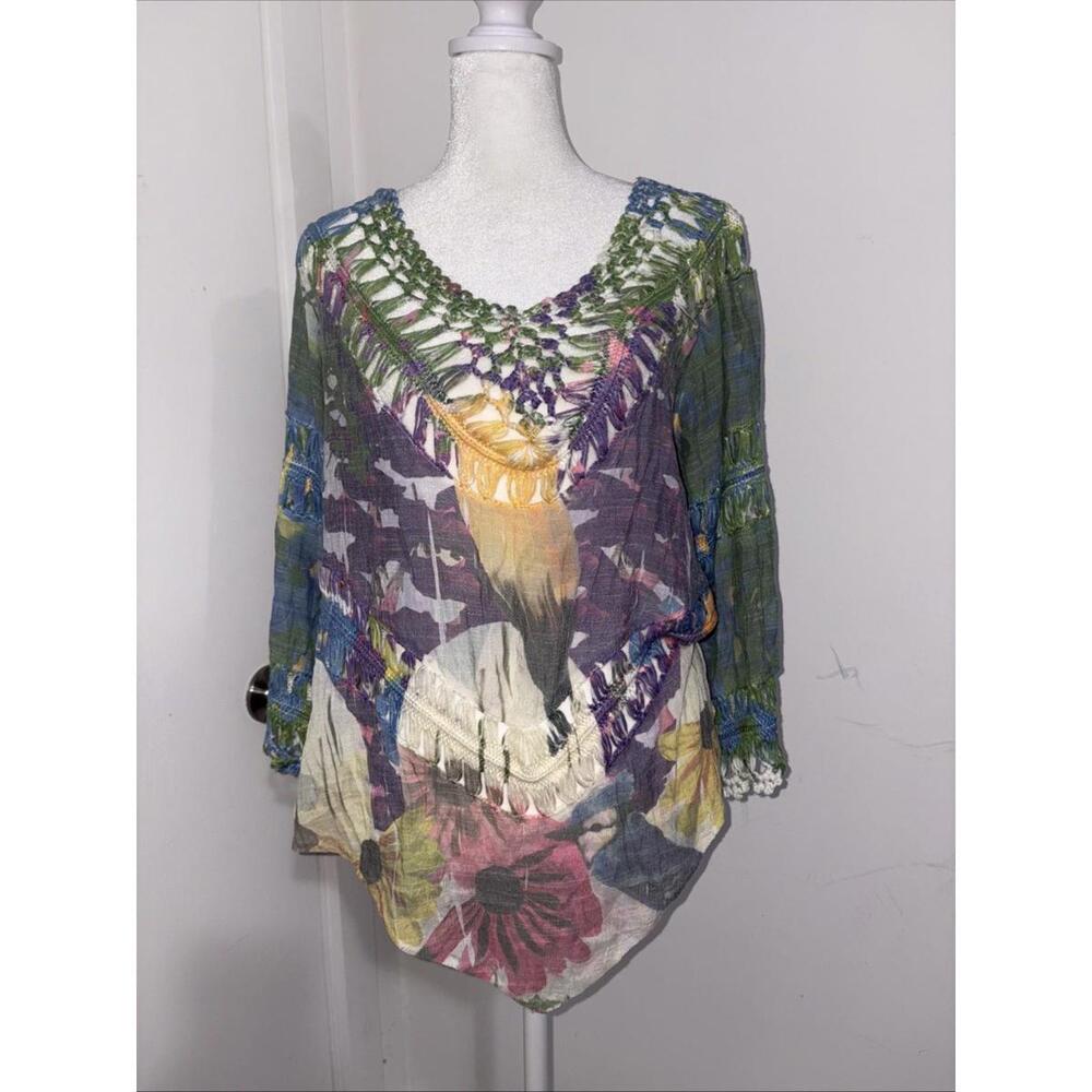 Rain‎ Couture Boho Tunic Top Womens Pastel Floral Crochet Multicolor Sz Small